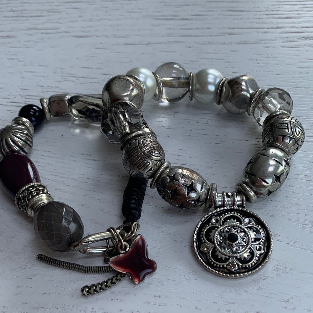 Silver and Black Beaded Bracelet Set